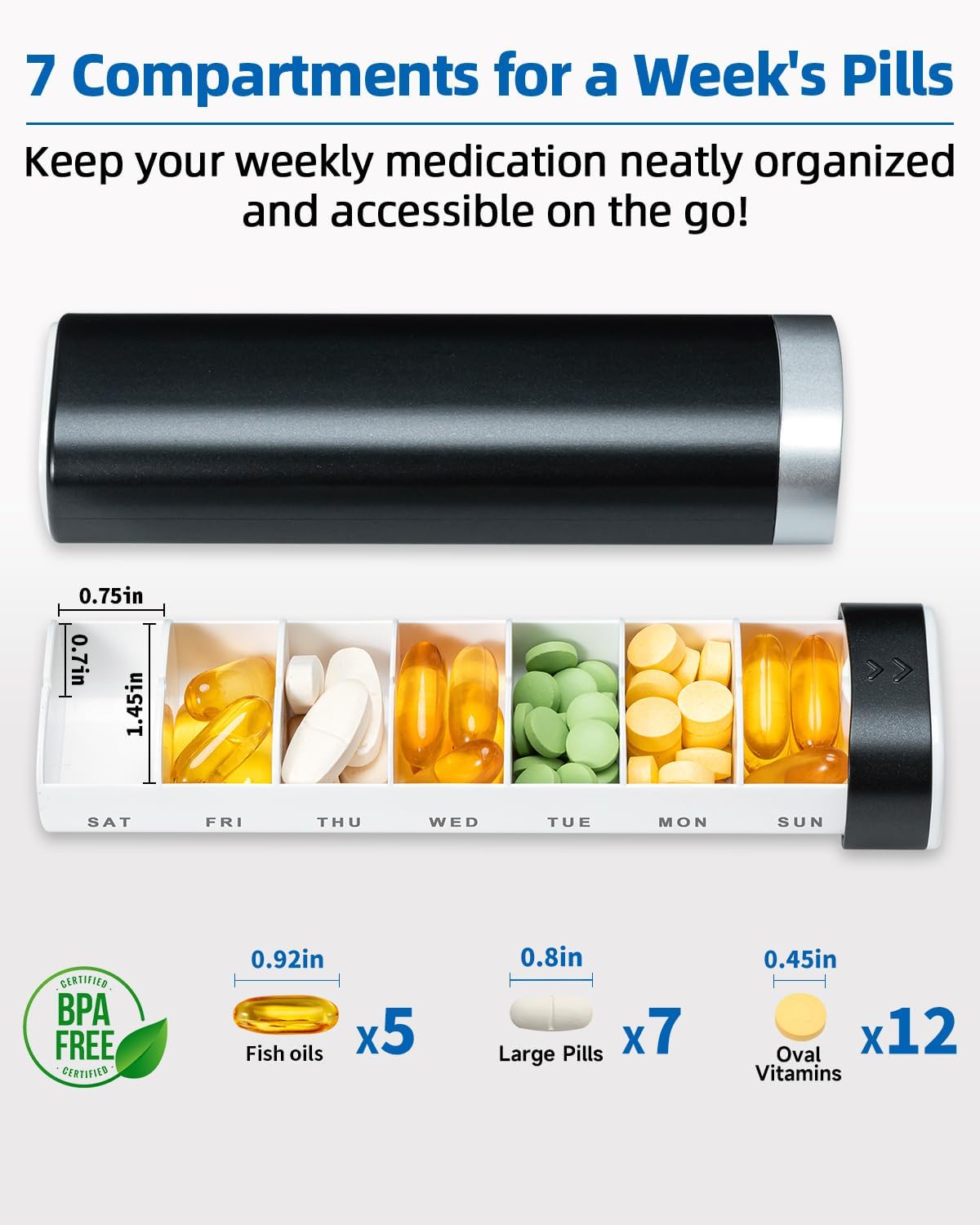 Weekly Pill Organizer 7 Day, Daily Pill Box, Travel Pill Case, Cute Pill Holder, Drawer-Shaped Medicine Box to Hold Vitamins, Medicines, Supplements, Pills Organizer(Black)