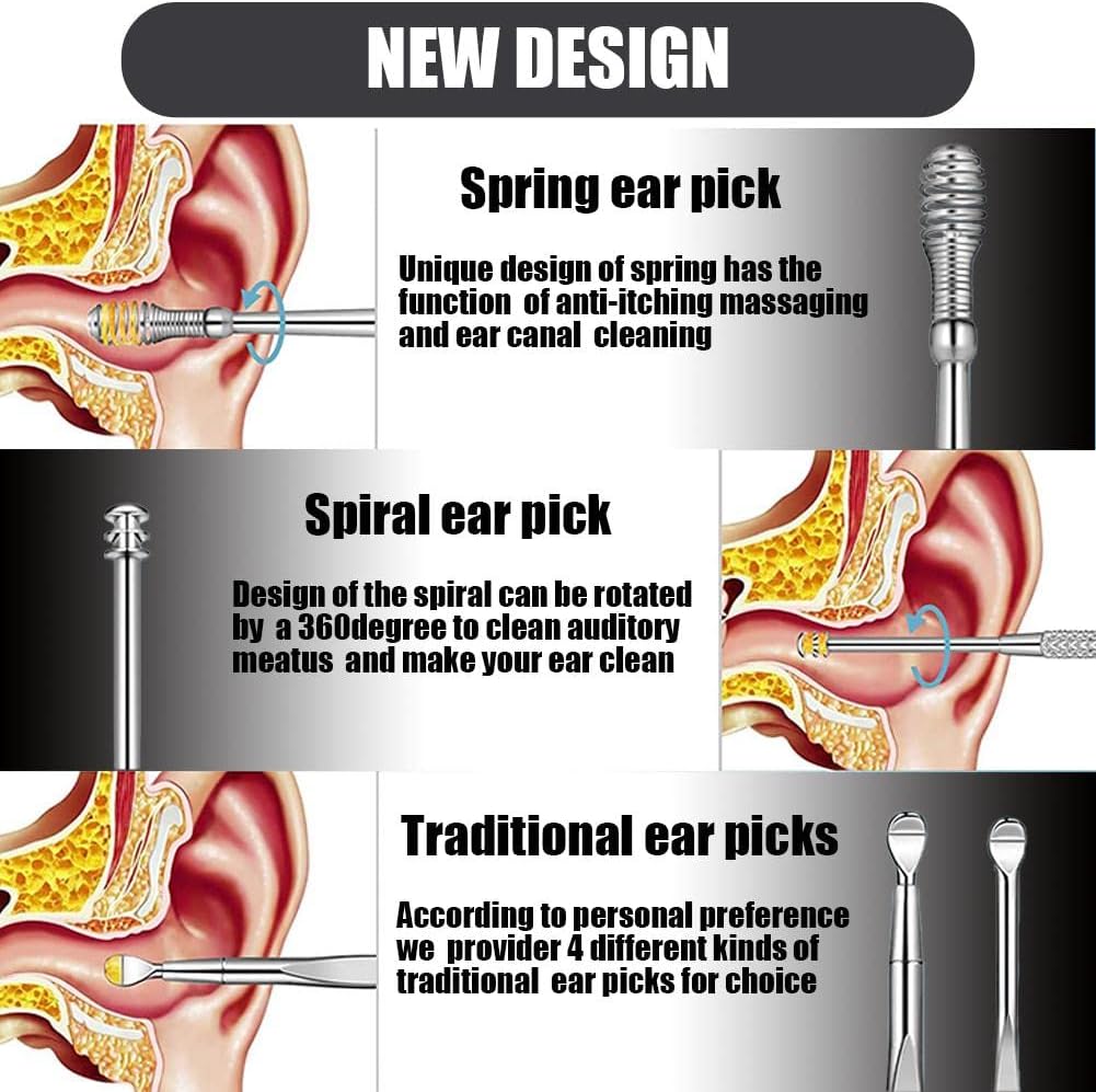 Spring Ear Cleaning Tool Kit - Contains 6 Pieces of Adult Spiral Ear Wax Remover, Ear Picker, Ear Wax Remover, Etc. -Ear Wax Removal Kit with Housing - Black