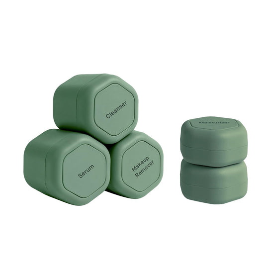 Cadence Travel Containers - Core Skincare Set - Magnetic Containers with Lids,2 Small (0.56oz) & 3 Medium (1.32oz) - Cleanser, Moisturizer, Serum, Makeup Remover & Sun Icon Labels - Eucalyptus