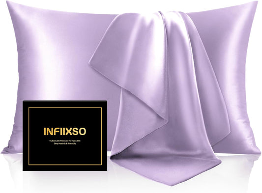 INFIIXSO Mulberry Silk Pillow Cases King Size Set of 2, Silk Pillowcase with Hidden Zipper 20"x36", Extraordinary Smooth and Soft Pillow Case for Hair and Skin(Lavender, 2 Pack)