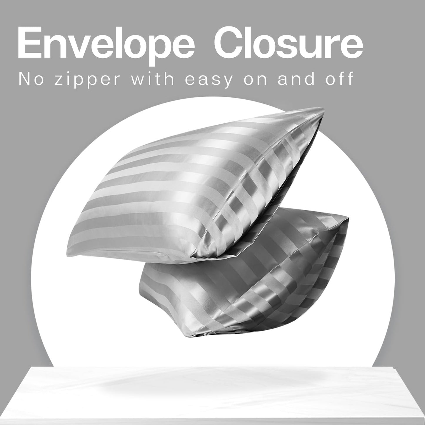 MR&HM Satin Pillowcase for Hair and Skin, Silk Satin Pillowcase 2 Pack, Standard Size Pillow Cases Set of 2, Silky Pillow Cover with Envelope Closure (20x26, Silver Grey Striped)