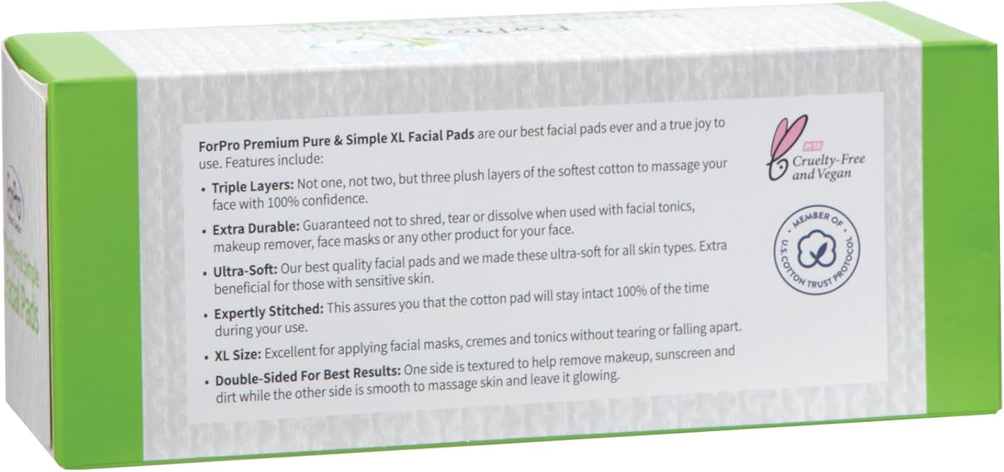 ForPro Premium Pure & Simple XL Facial Pads (360-Count), Triple Layered Ultra Soft Disposable Makeup Remover Pads, 100% Vegan & Cruelty-Free, Pack of 6-60 Cotton Squares