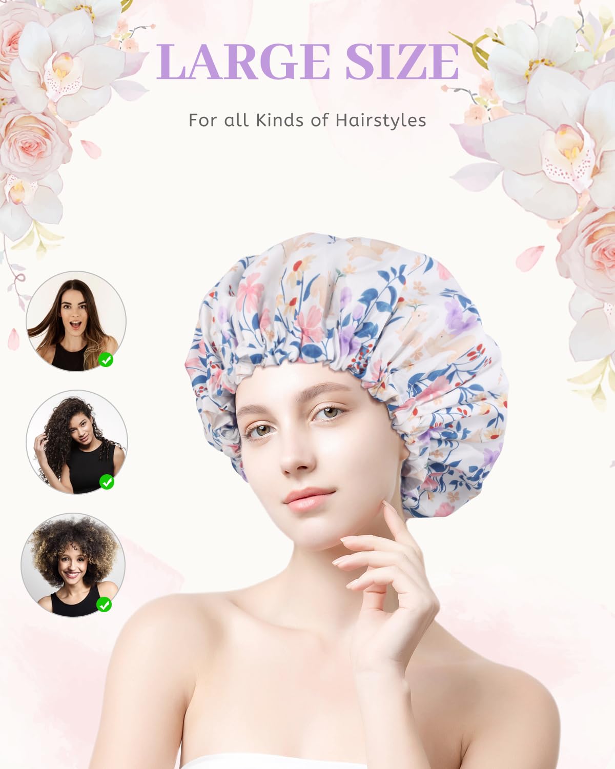 Aquior Shower Caps, Double Layer Waterproof Shower Cap for Women, Reusable Large Shower Cap for all Hair Lengths with EVA Lining, Soft Bath Shower Caps