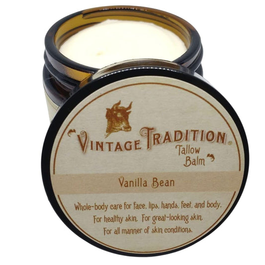 Vintage Tradition Beef Tallow All Purpose Balm - Healing, Hydrating Mild Vanilla Skin Care Salve Replaces Body Lotion, Hand Cream, More - Essential Oil, Olive Oil, and Grass-Fed Tallow, 2 fl. oz.