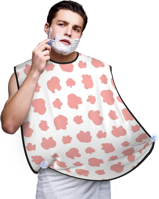 Beard Bib Apron for Men Shaving, Waterproof Non-Stick Hair Catcher with Suction Cups, Grooming Essential for Dad Husband, Cute Cow Print Pink Shave Bib