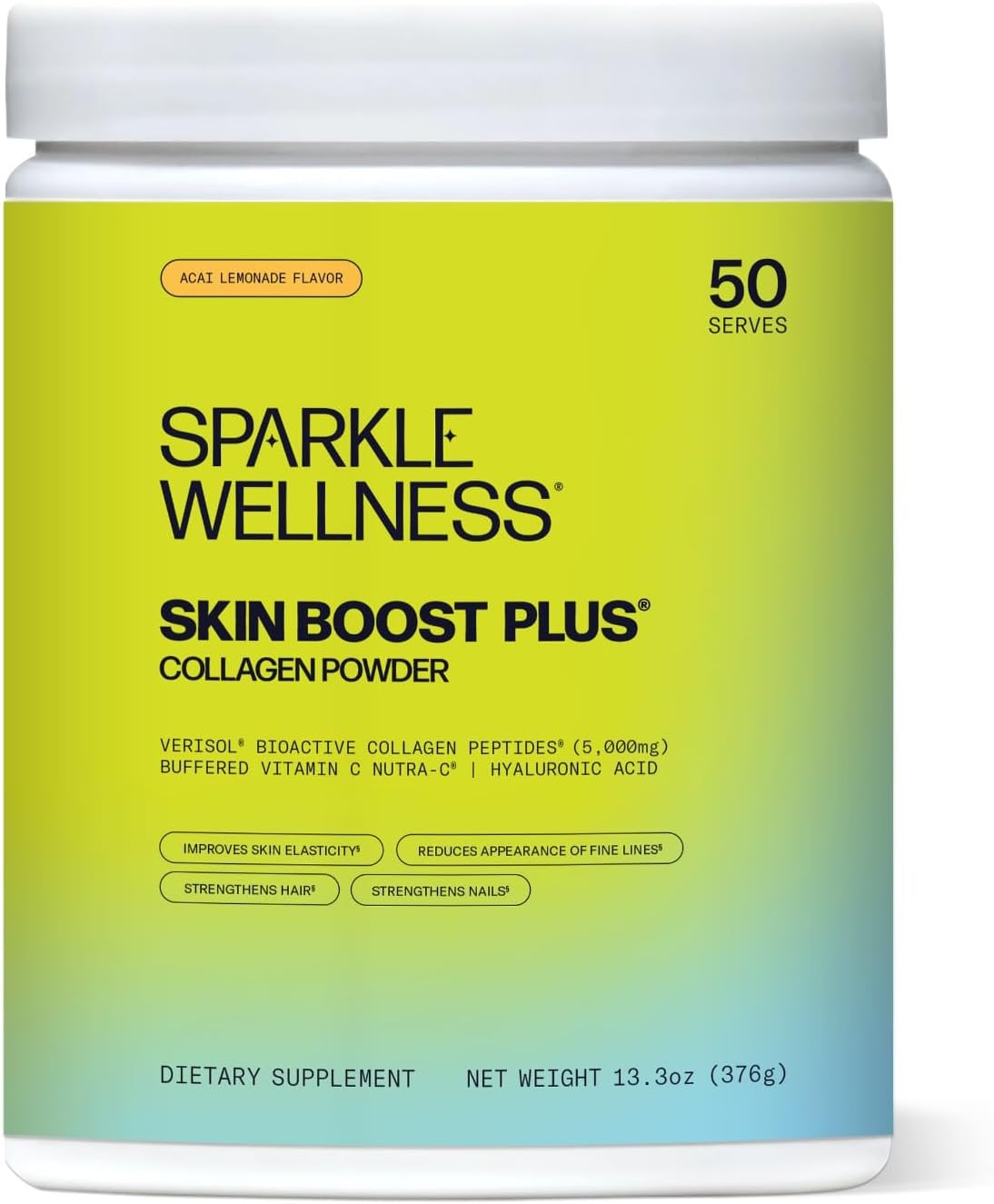 Sparkle Wellness VERISOL Bioactive Hydrolyzed Collagen Peptides | Collagen Powder with Vitamin C & Hyaluronic Acid for Hair, Skin, and Nail Health | Skin Boost Plus (Acai Lemonade) [50-Serves]