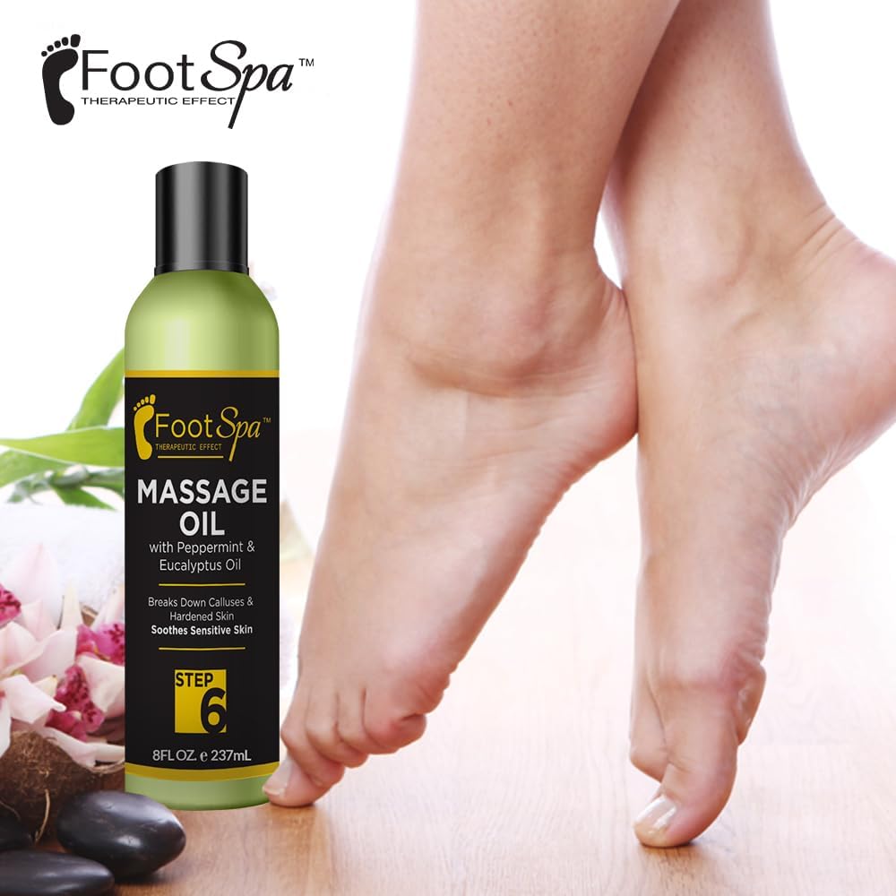 Foot SPA - Massage Oil, with Tea Tree, Pepper Mint, Eucalyptus Oil, 8 Oz - Professional Full Body Massage Therapy, Manicure, Pedicure - Relax Sore Muscles and Repair Dry Skin