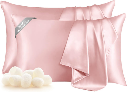 THXSILK Set of 2 Mulberry Silk Zipper Pillow Cases - Highest Grade 6A+ Pure Mulberry Real Silk Pillowcase, 19 Momme Both Sides for Hair and Skin (Light Pink, Queen Size 20"x30")