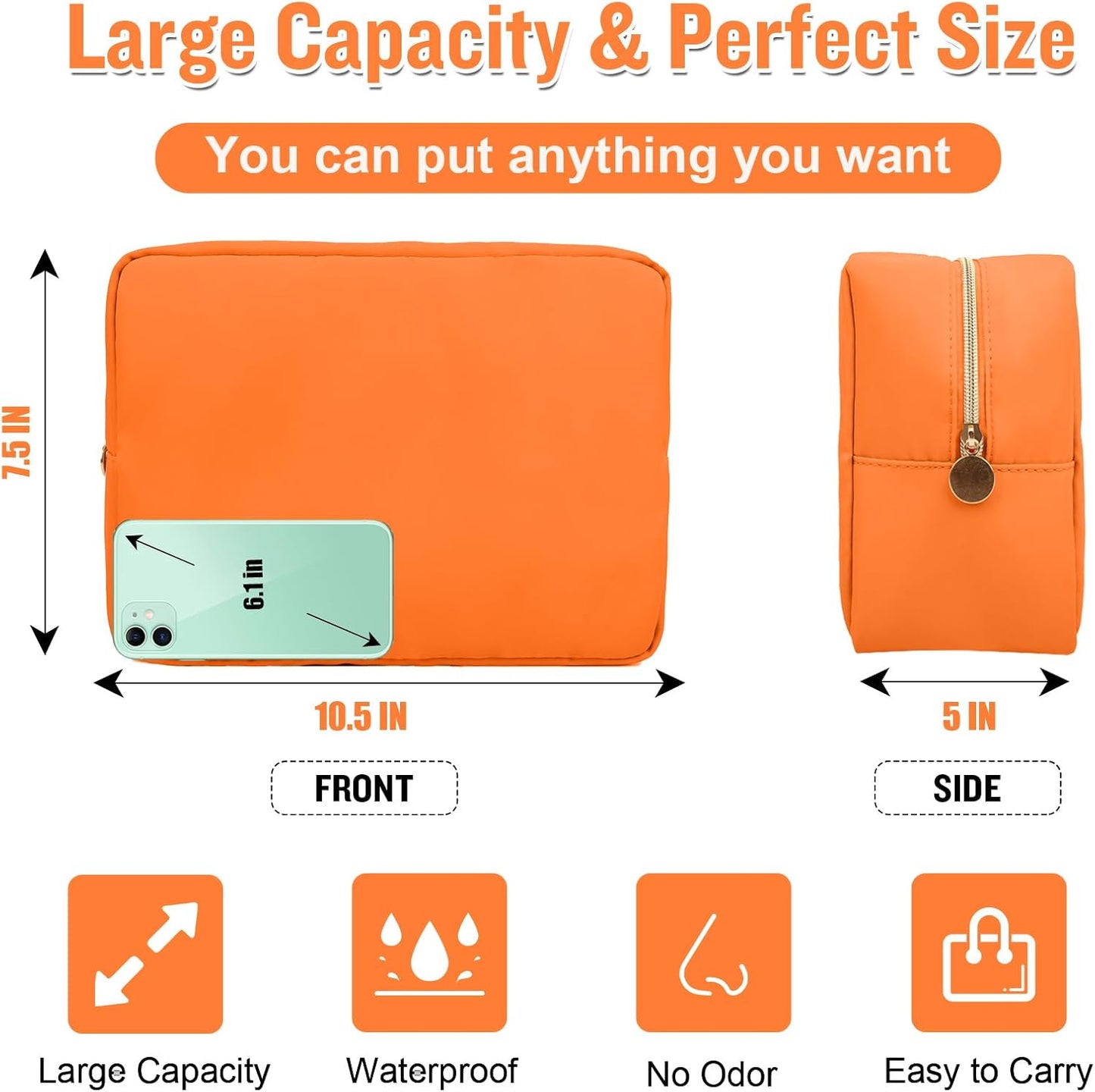 Nylon Large Makeup Bag Travel Cosmetic Bag Pouch, Preppy Big Makeup Bag Cute Cosmetic Zipper Pouch Purse, Waterproof Toiletry Bag Clutch Makeup Organizer Travel Essentials for Women Men Girls(Orange)