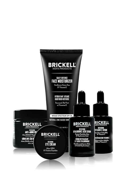 Brickell Men's Complete Defense Anti Aging Routine, Night Face Cream, Vitamin C Day and Night Serum, Facial Moisturizer w/SPF and Eye Cream, Natural and Organic, Scented, Skin Care Gift Set