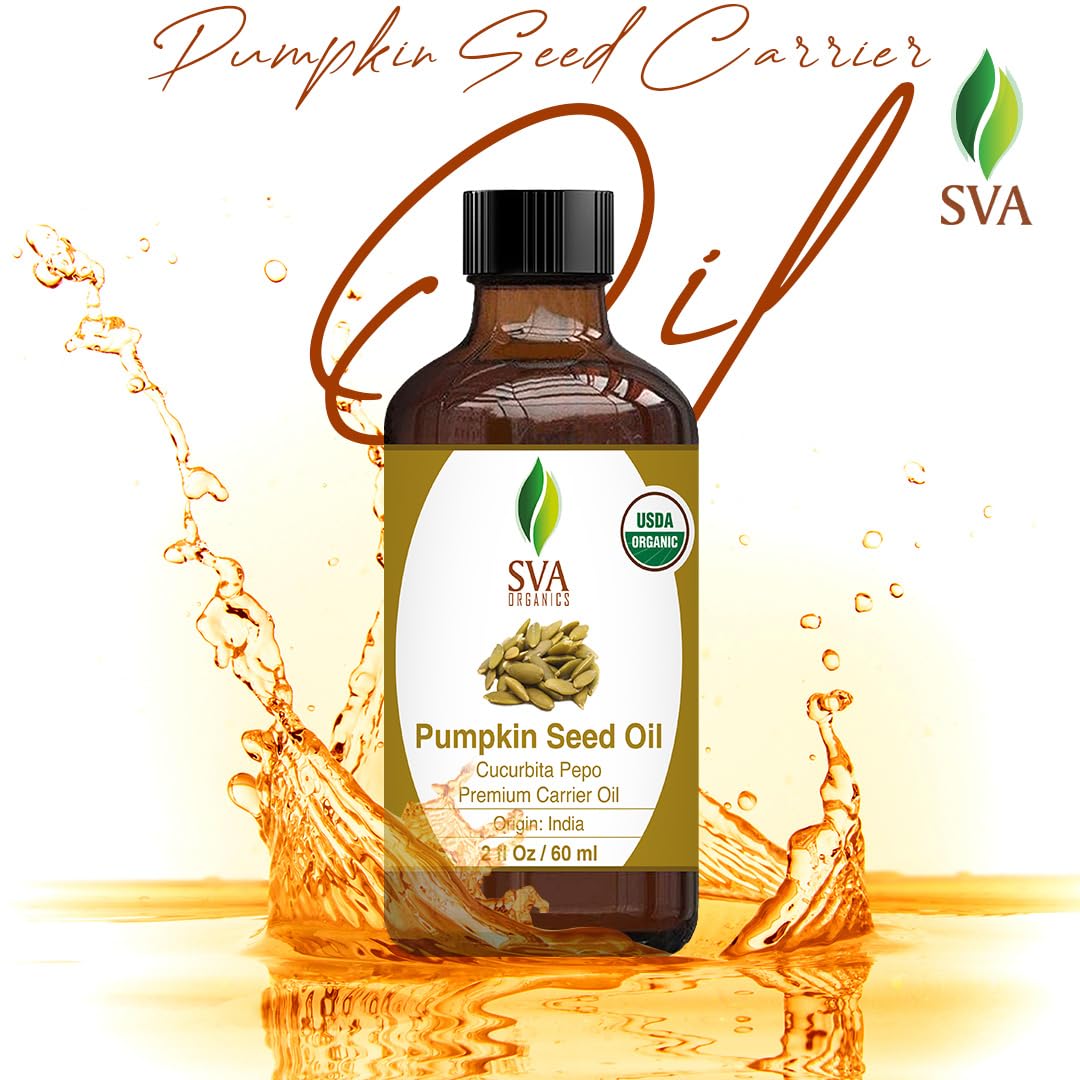 SVA Pumpkin Seed Oil Organic - 2 Fl Oz – 100% Natural Cold Pressed Pumpkin Seed Oil - for Face, Skin Care, Hair Care, Scalp Massage & Body Massage - with Dropper