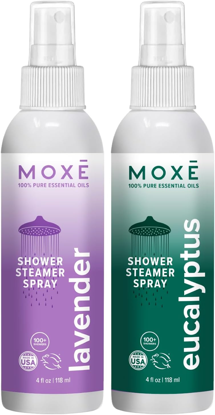 MOXE Shower Mist, Spa Steam Spray, Certified Natural Essential Oils, Aromatherapy, Calming Relief (Lavander and Eucalyptus, 4 Fl Oz (Pack of 2))
