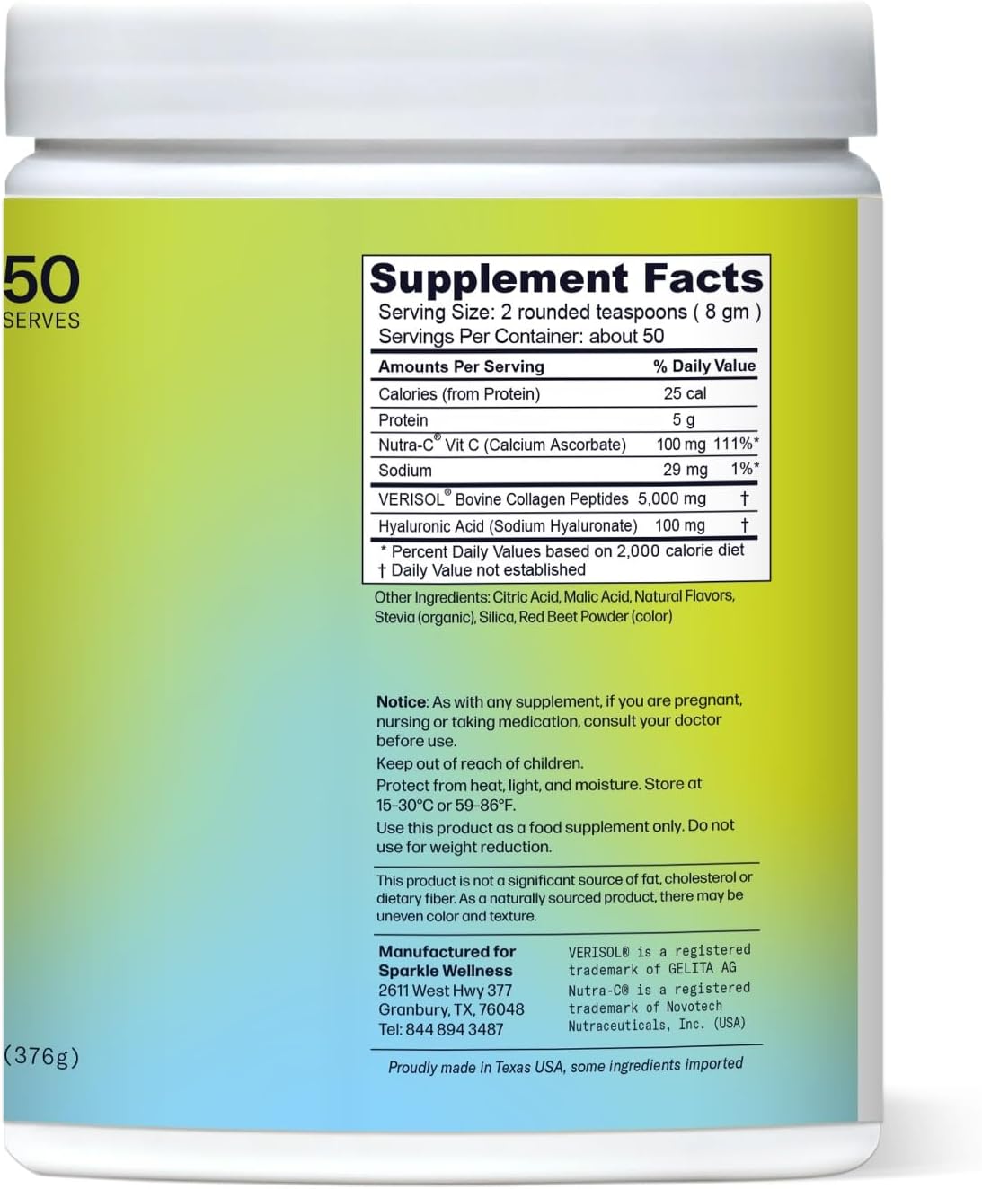 Sparkle Wellness VERISOL Bioactive Hydrolyzed Collagen Peptides | Collagen Powder with Vitamin C & Hyaluronic Acid for Hair, Skin, and Nail Health | Skin Boost Plus (Acai Lemonade) [50-Serves]