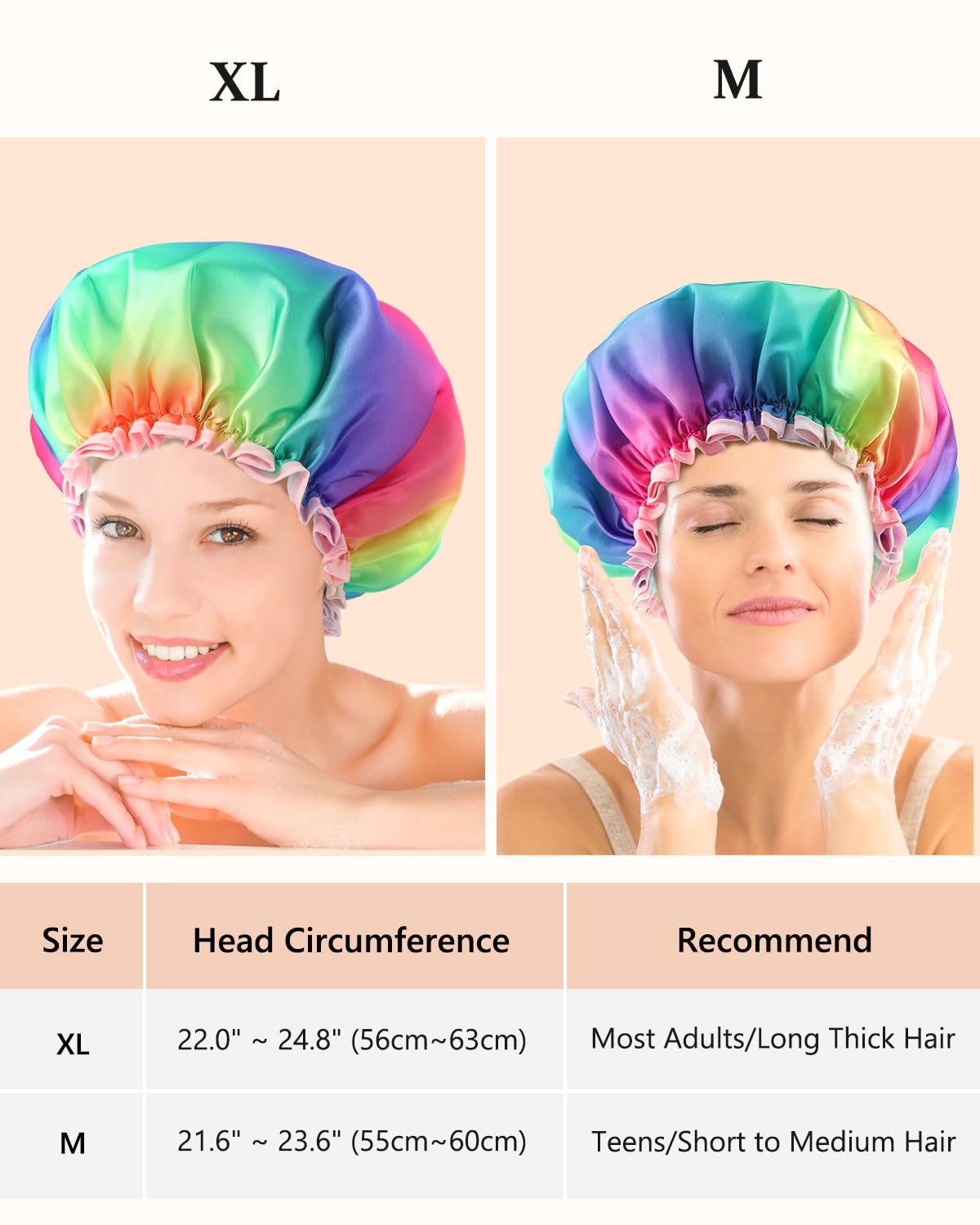 mikimini Shower Cap for Women Long Hair, 2 Pack,Double Layer Waterproof, X-Large, Reusable, Washable, No Smell, Rainbow Fashion Shower Cap