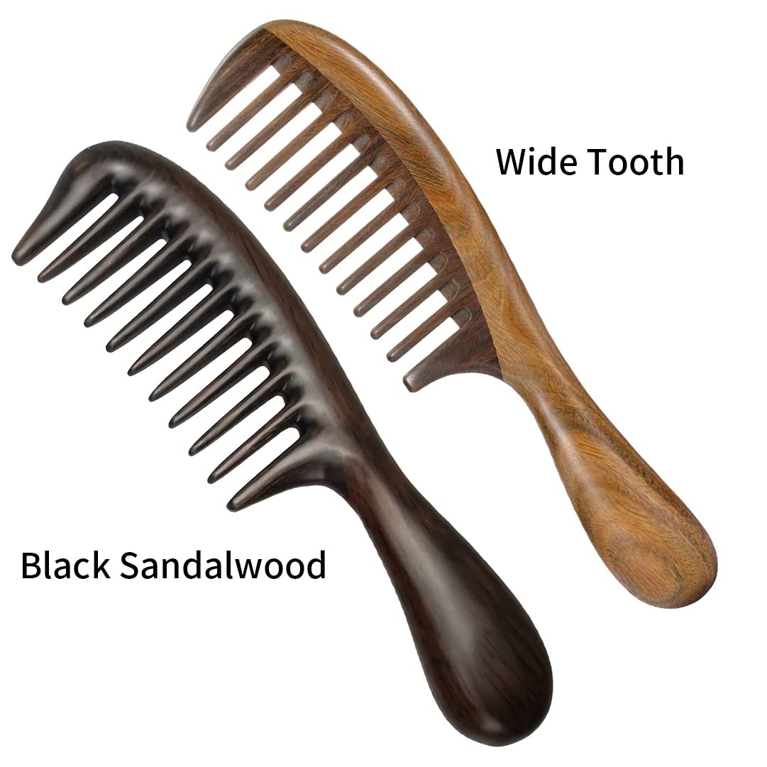 Louise Maelys 2pcs Wooden Wide Tooth Comb for Curly Thick Hair Anti-Static Black & Green Sandalwood Detangler Hair Comb for Women Men