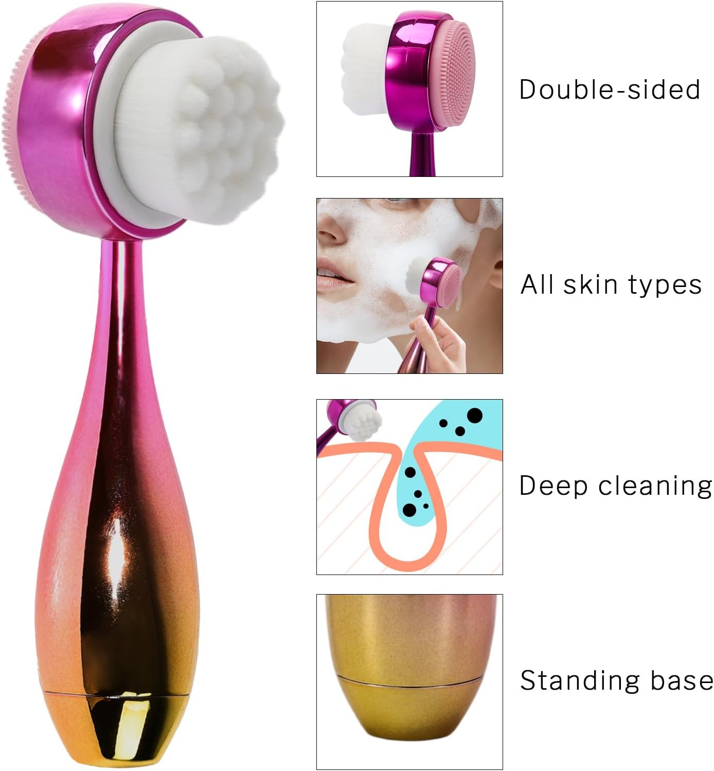 Face Brush 2 in 1, Facial Cleansing Brush Double Sides, Facial Exfoliation Scrub Brush Silicone Manual Face Scrubber Brush for Gentle Deep Pore Cleansing, Skincare (Gold, 1 Pack)