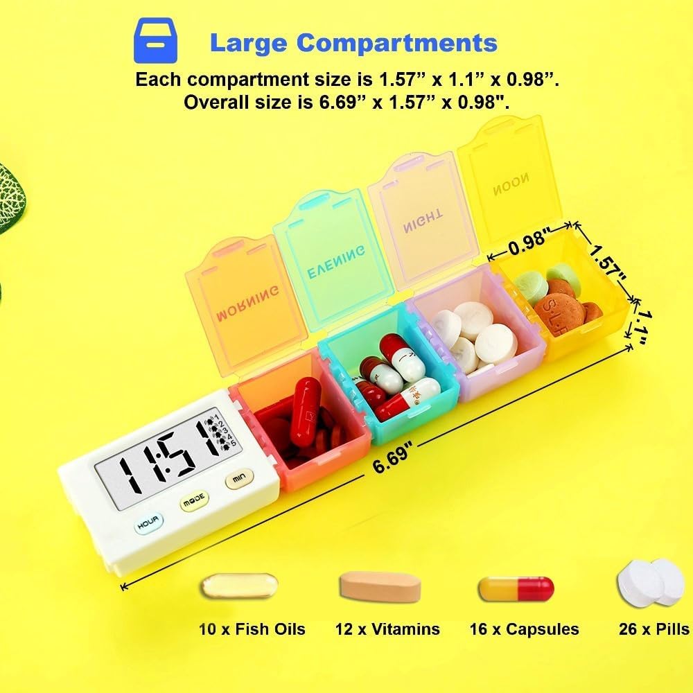 [4 in 1] 1 Day 4 Times Medicine Pill Organizer +5 Alarms + Timer+ Clock, Large Compartments,Loud Sound,Large Screen, Moisture-Proof,Dust-Proof, Travel Daily Pill Box/Organizer/Case/Container/Dispenser