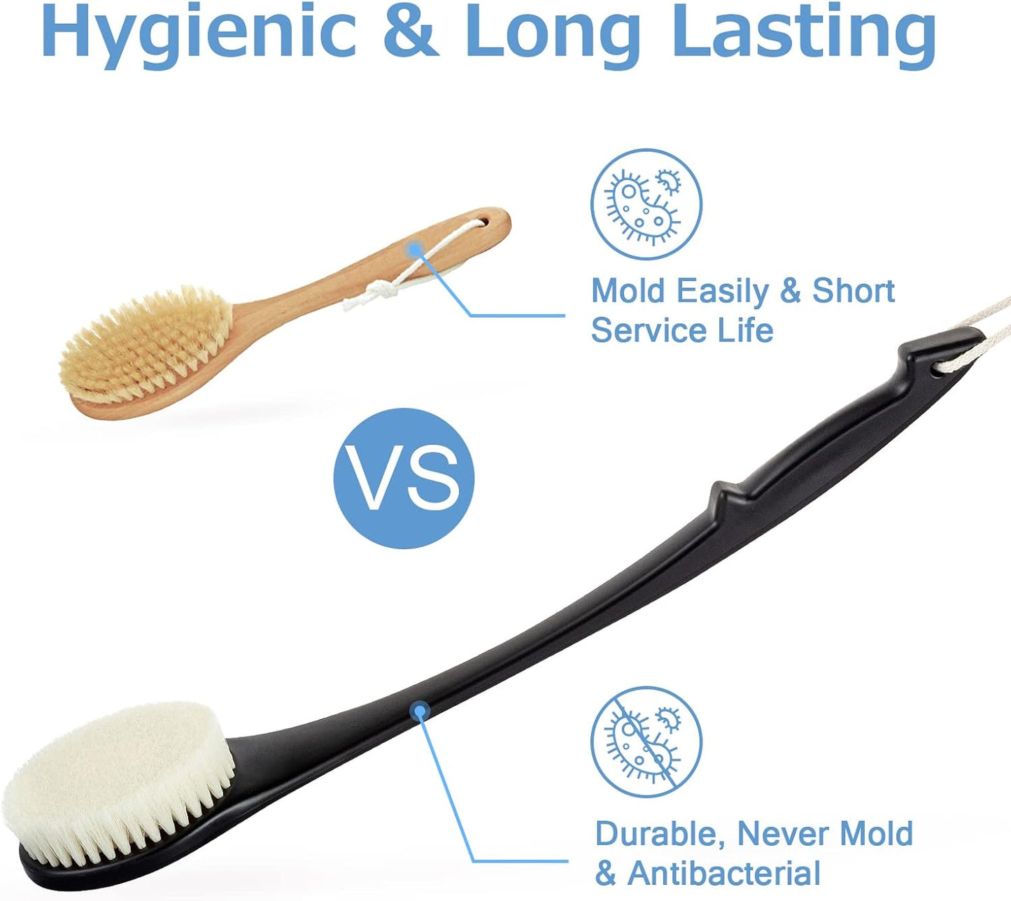 Body Back Scrubber – 17'' Long Handle Shower Brush, Durable Exfoliator for Dry & Wet Use, Deep Cleansing & Gentle Exfoliation for Smooth Skin – for Men, Women & Elderly (Black)