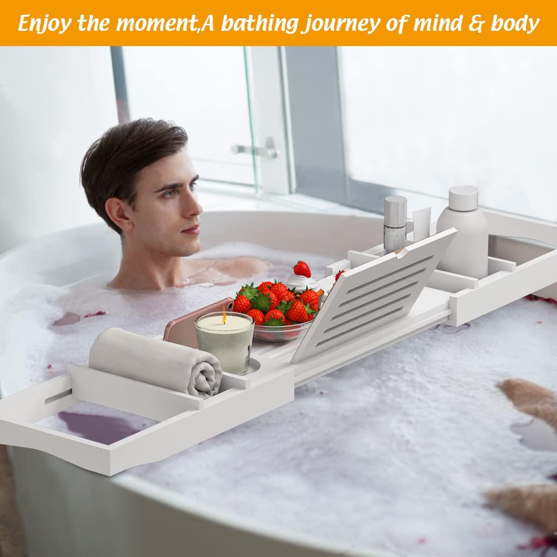 Zhuoyue Bamboo Bathtub Tray, Expandable Premium Bath Tray for Luxury Bathroom, Adjustable Bath Accessories for Tub with Soap Towel Book Holder, Extendable 29.5-43.3" White
