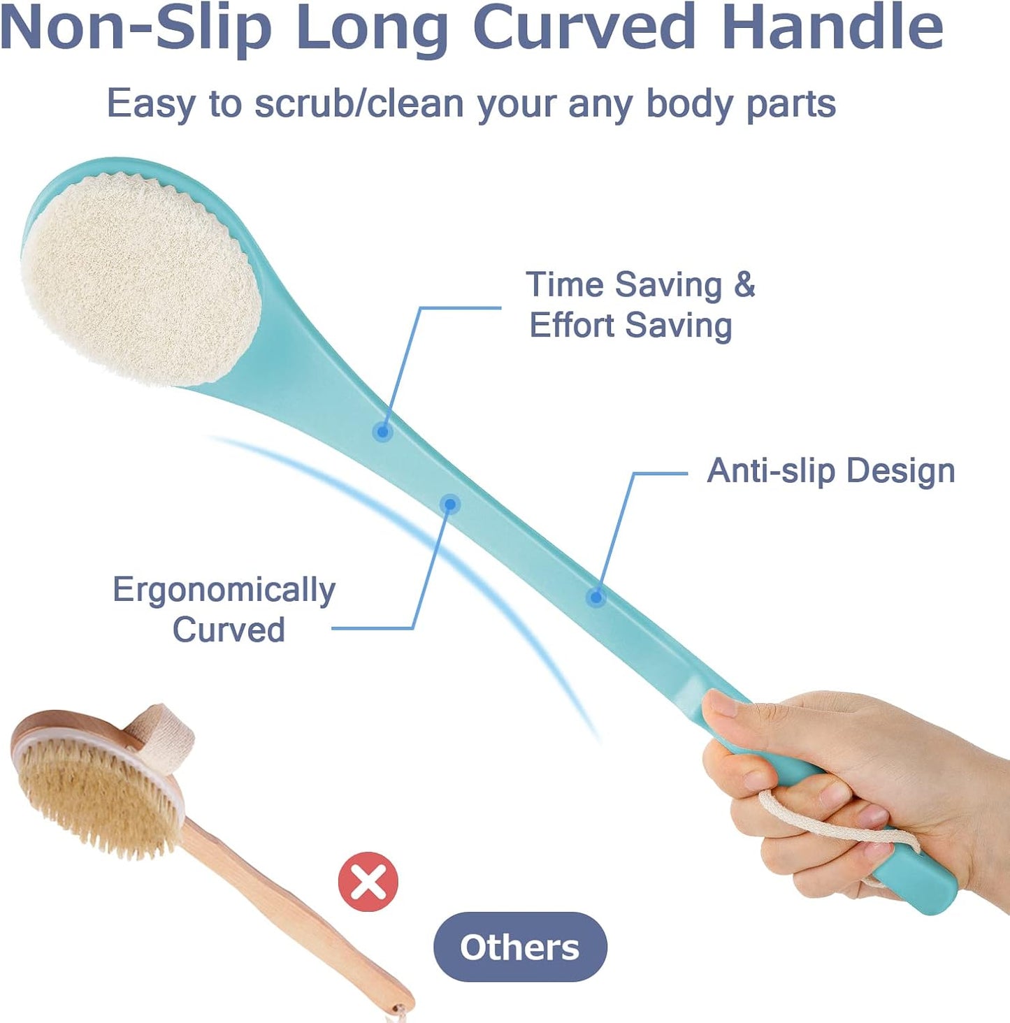 Body Back Scrubber – 17'' Long Handle Shower Brush, Durable Exfoliator for Dry & Wet Use, Deep Cleansing & Gentle Exfoliation for Smooth Skin – for Men, Women & Elderly (Gray)