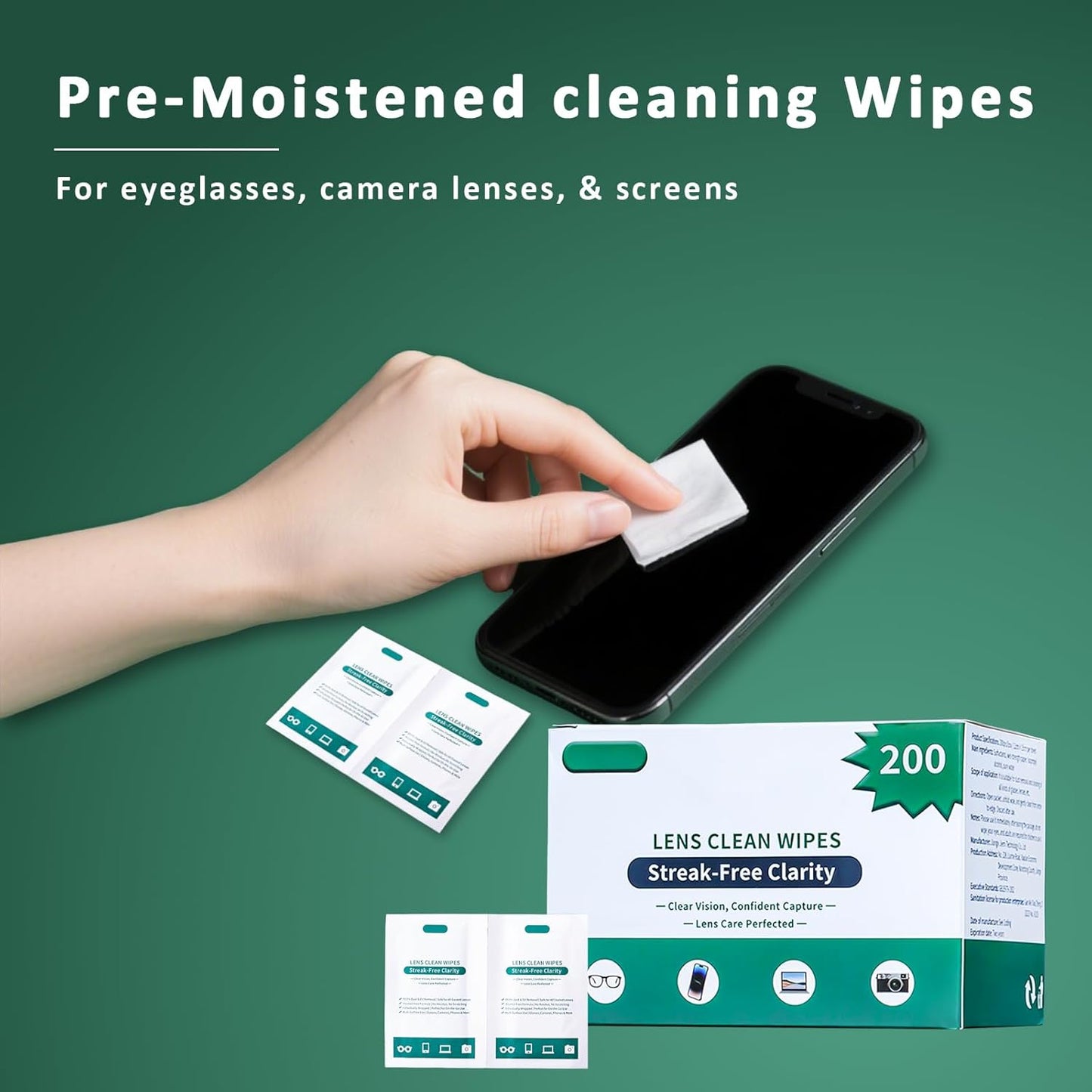 Eye Glasses Cleaner Wipes,Lens Wipes for Glasses/Sunglasses/Eyeglasses,Cleaning Wipes,Lens Wipes Individually Wrapped,Safe for All Lens Surfaces(200PCS)