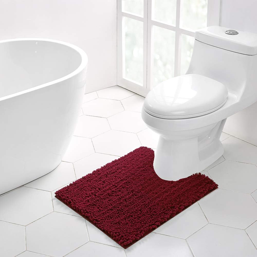 Walensee Bathroom Contour Rug Non Slip Toilet U Shaped Bath Mat (20x24, Red) Water Absorbent Super Soft Shaggy Chenille Machine Washable Dry Extra Thick Perfect Absorbant Best Plush Carpet