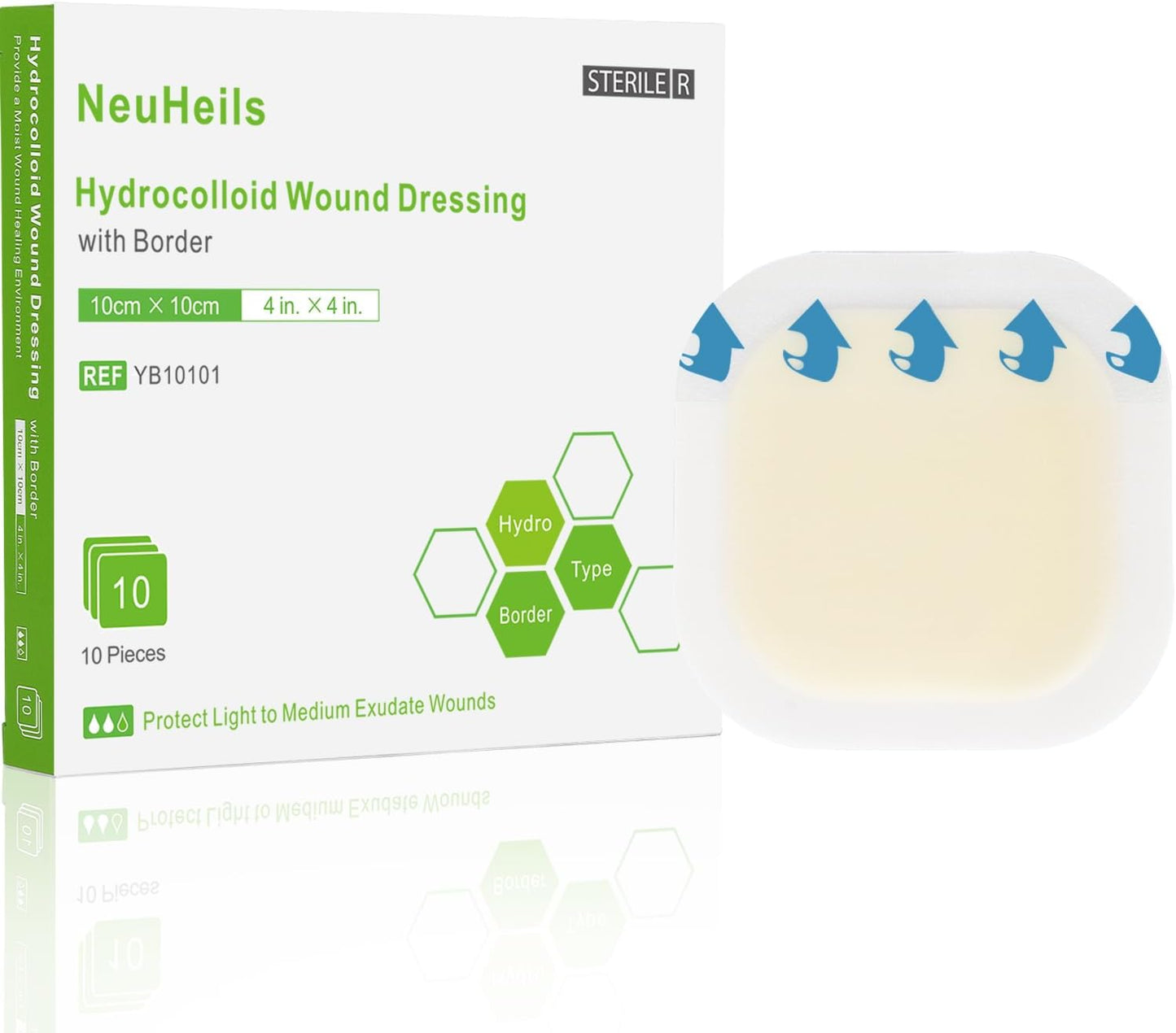 NeuHeils Hydrocolloid Adhesive Bandages, Hydrocolloid Wound Dressing with Border 4''x4'' for Light to Medium Exudate Wounds, Bed Sore, Minor Burns, Abrasions, Cuts, Superficial Wound 10 Packs