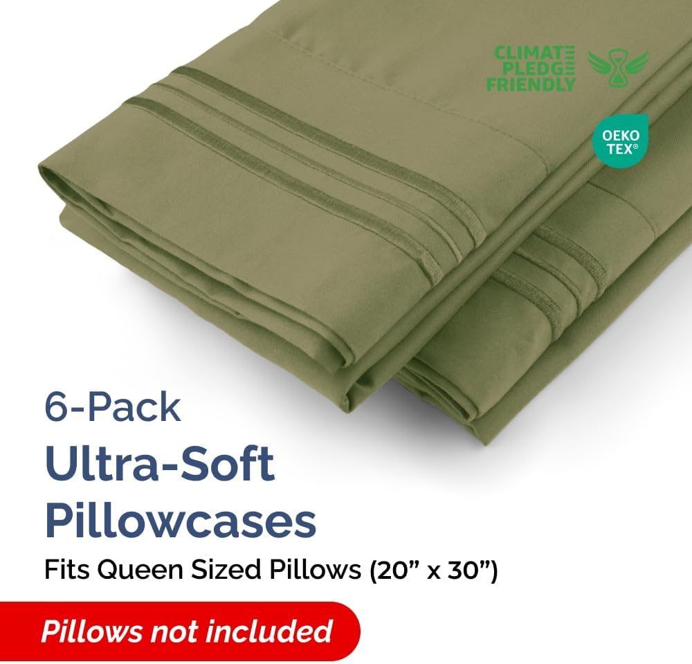 Queen Pillow Cases Set of 6 - Ultra Soft Hotel Quality Pillowcase Covers - Comfy, Cozy & Wrinkle Free - Shrink, Stain & Fade Resistant - Machine Washable Pillow Protectors - 6 Piece Set - Sage Green