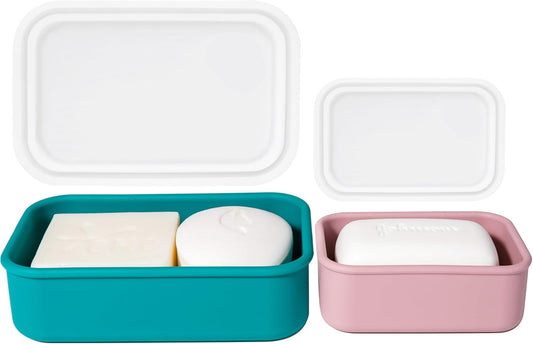 2PC Portable Leakproof Travel Soap Case, Silicone Travel Soap Case, Compact Soap Holder with Drainage Layer, Travel Soap Holder for Camping, Gym, Outdoor Turquoise&Flamingo