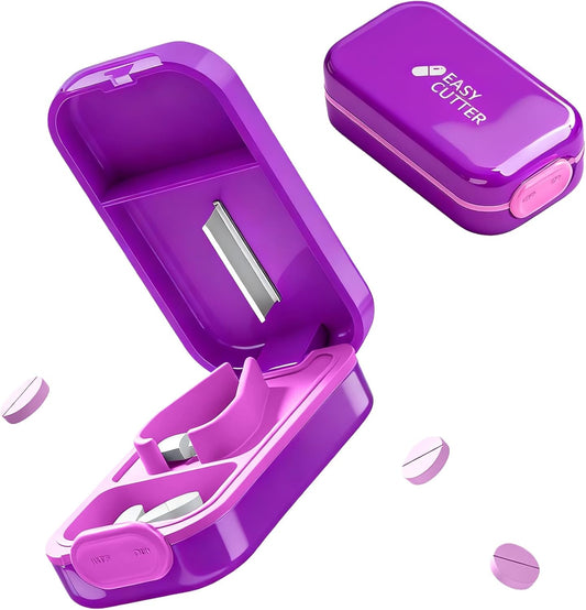 Pill Cutter Splitter for Small or Large Pills with Safety Lock - Accurate and Easy Travel-Friendly Design for Daily Use (Purple)