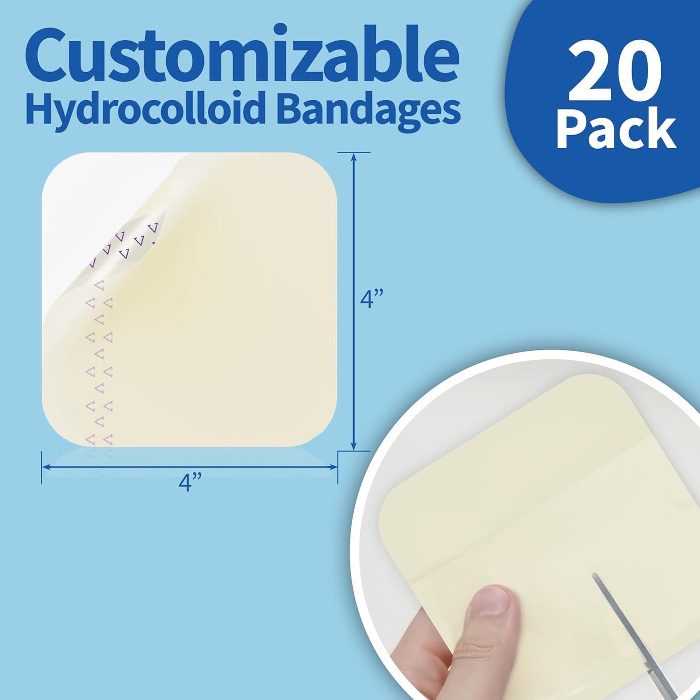 Hydrocolloid Bandages Large 4" x 4", 20 Pack, Extra Thin Waterproof Wound Dressing with Adhesive for Light Exudate Wounds, Blisters, Acne, Superficial Wound Care