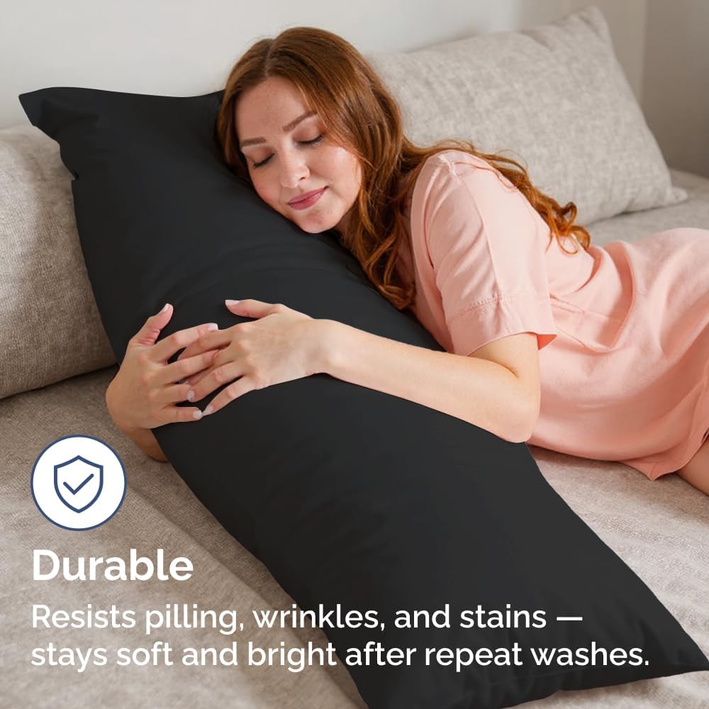Long Pillowcases - Body Pillow Cover - Long Pillow Insert for Sleeping, Side Sleepers - Soft & Breathable Body Pillow Case with Envelope Enclosure - Comfy, Cozy & Machine Washable - 20" x 54" (Black)