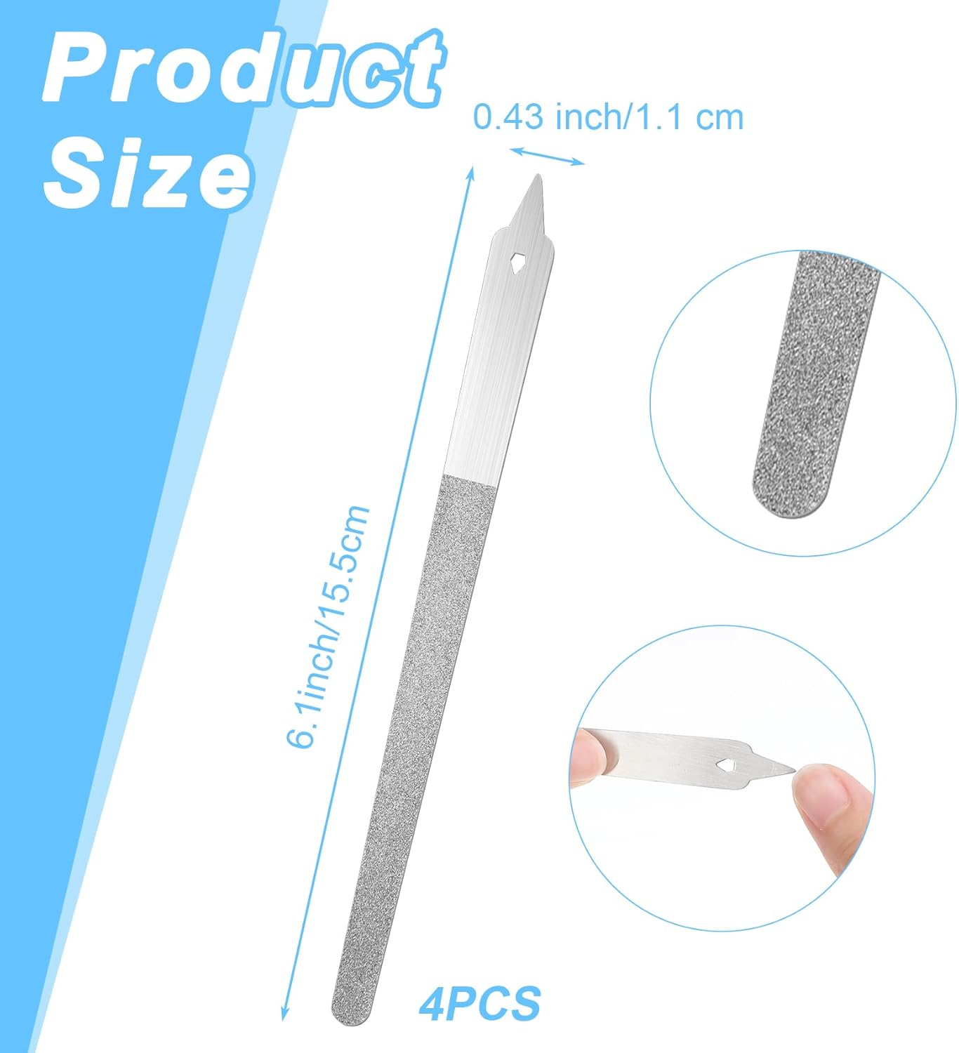 4PCS Diamond Nail File, 6 inch Stainless Steel Diamond Dust Nail File, Stainless Steel Nail Filer for Salon Home