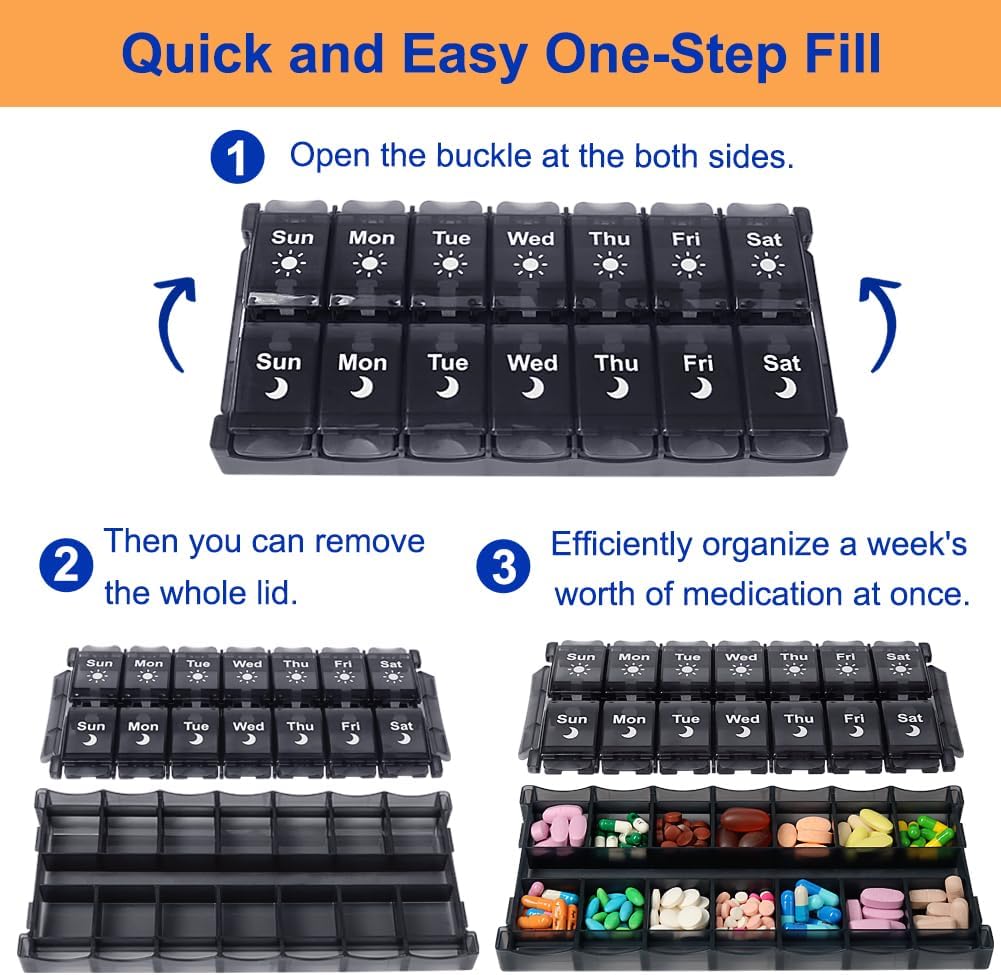 HRX Package Weekly Pill Organizer 2 Times a Day, Easy Fill & Open AM/PM Medicine Box 7 Day Vitamin Cases Day and Night