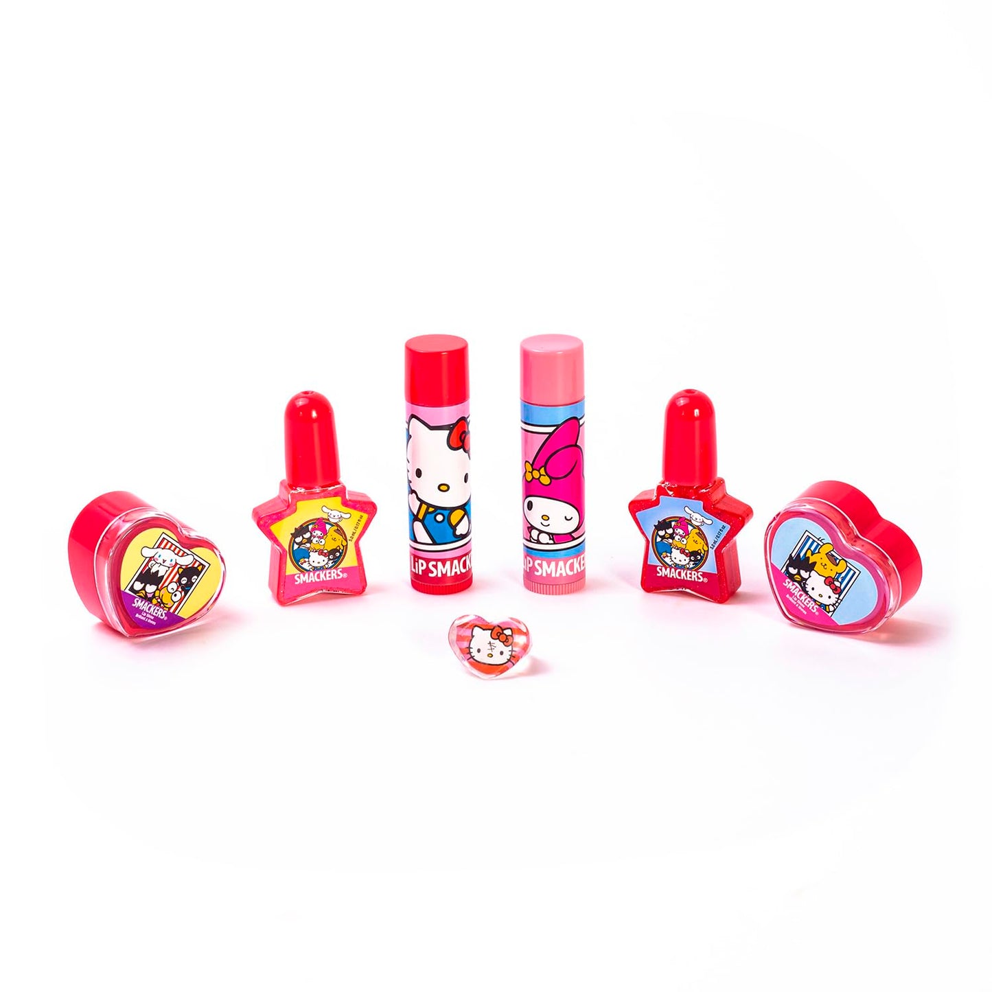 Lip Smacker Hello Kitty Nail Polish & Flavored Lip Balm Makeup Tote - Moisturizing Balms, Colorful Nail Polishes, Sanrio Accessory Ring, Stylish Tote Bag, Perfect Glam Gift for Hello Kitty Lovers