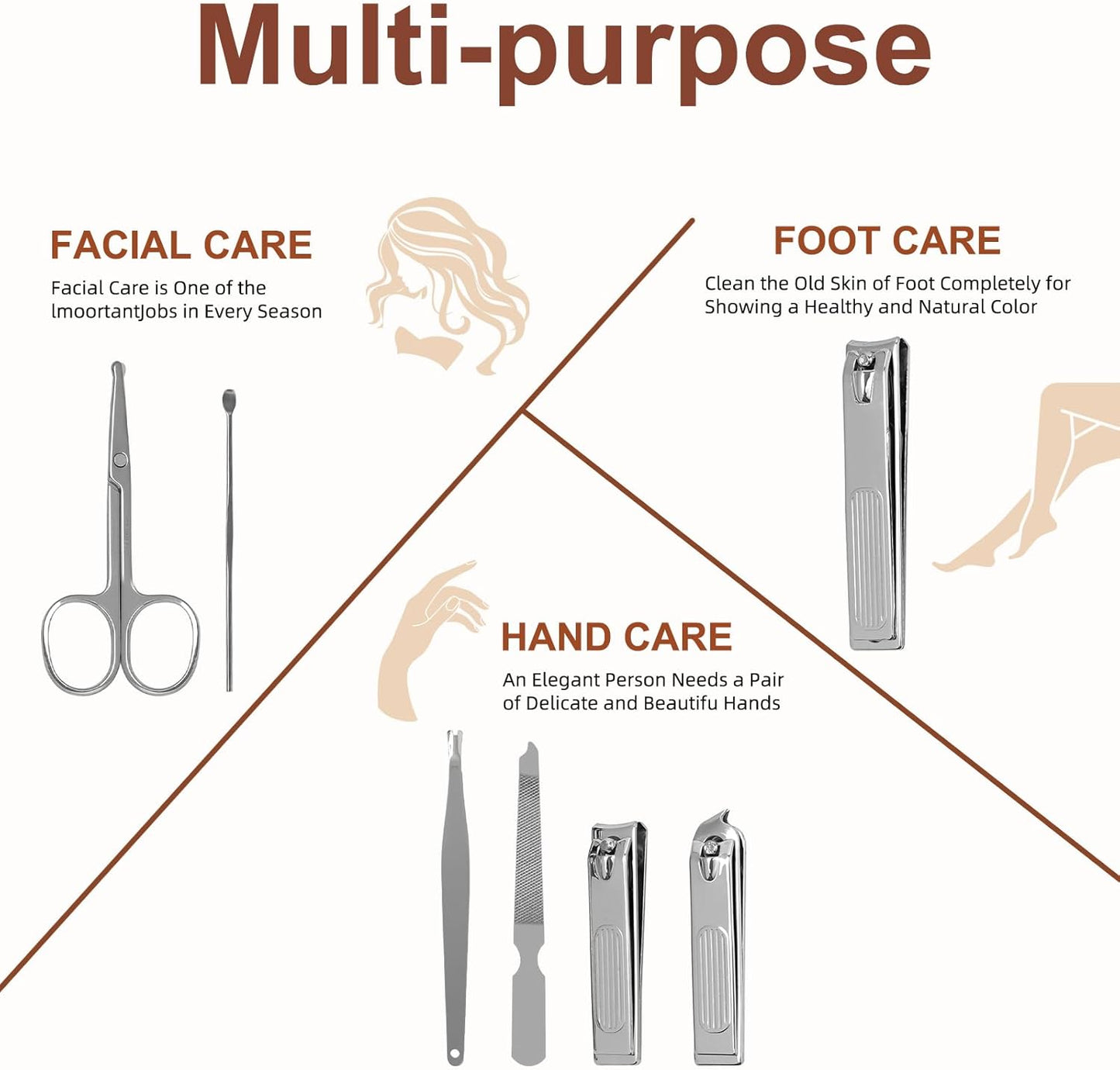 Premium Stainless Steel Nail Clippers Set - Travel Grooming Kit, 6pc Manicure/Pedicure Tools with PU Case - Unisex Gift for Men and Women(D-Khaki)