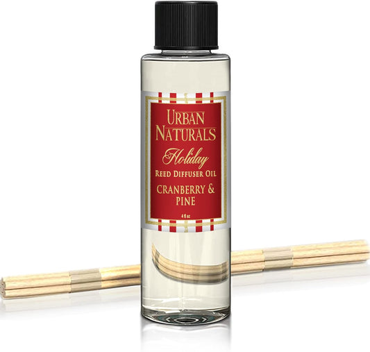 Urban Naturals Holiday Cranberry & Pine Scented Oil Reed Diffuser Refill | Cranberry, Holly Berries and Frosted Fir Needles | Includes a Free Set of Reed Sticks! 4 oz.