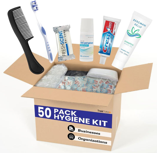 TrekTote 50 Pack Assemble Your Own Hygiene Kit, Bulk Hygiene Essentials, Travel Size Toiletries Set with Comb, Toothbrush, Toothpaste, Shampoo, Deodorant, Bag and More
