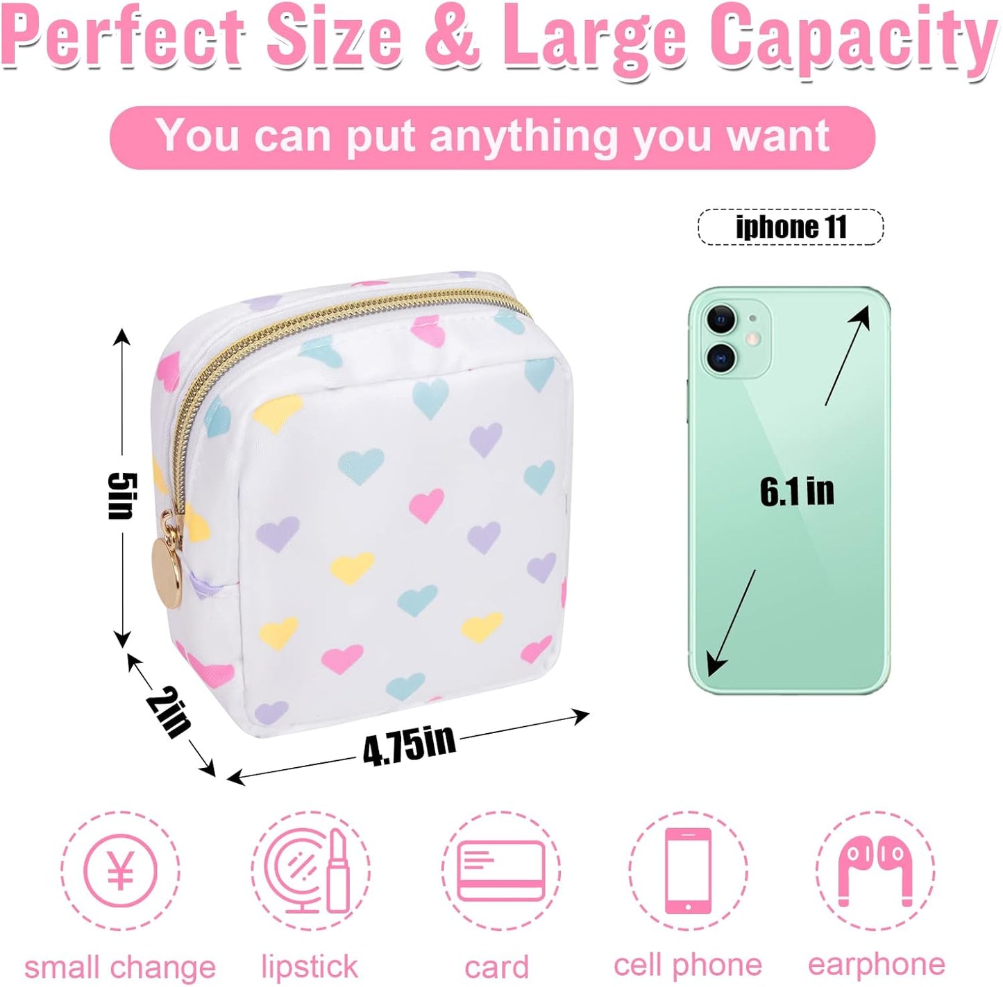 Nylon Mini Preppy Cute Makeup Bag - White Heart: Waterproof Zipper Pouch for Travel, Storage - Small Cosmetic Purse Organizer