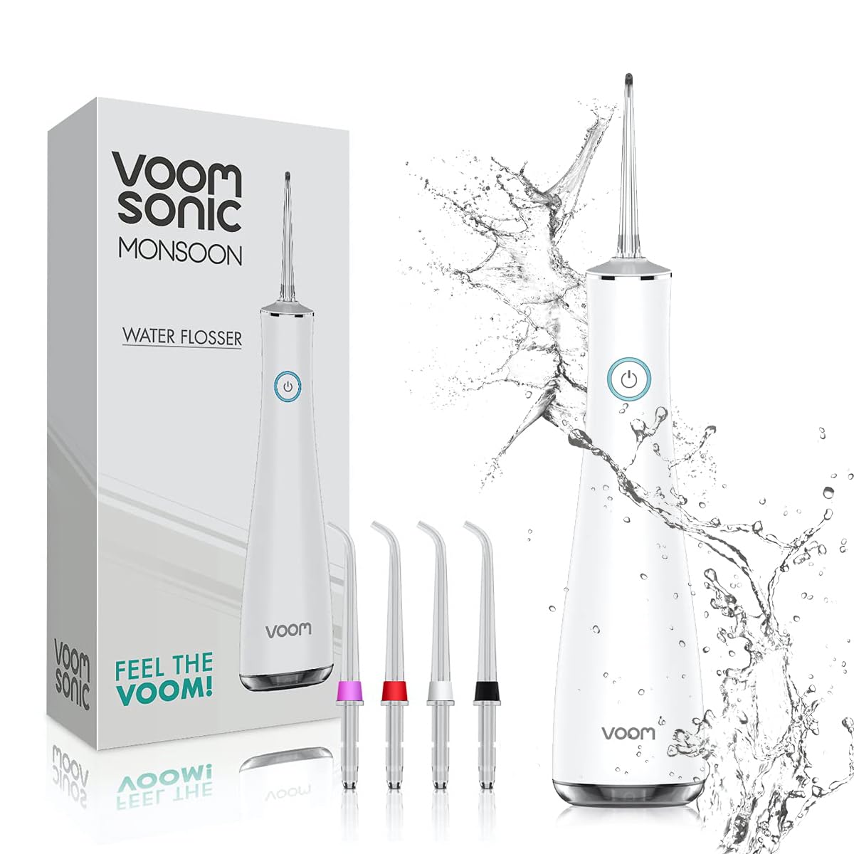 Voom Sonic Water Flosser (Cordless) | Water Pick Includes 4-Tip Portable Water Teeth Cleaner Picks, Rechargeable Water Dental Picks for Cleaning (White)