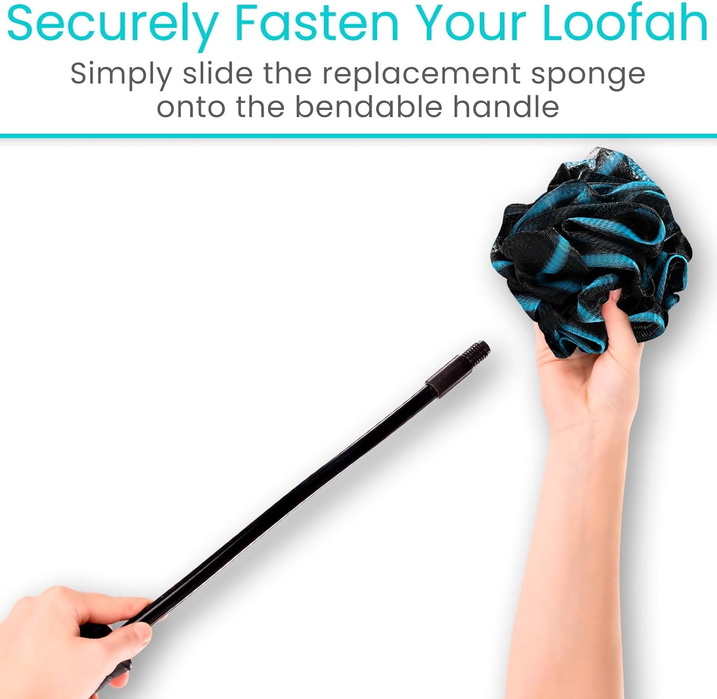 Vive Bendable Loofah Brush with Long Handle - Extended Luffa Scrubber - Shower Stick w/Loofa for Exfoliating Skin - Bath Sponge for Women and Men (Replacement)