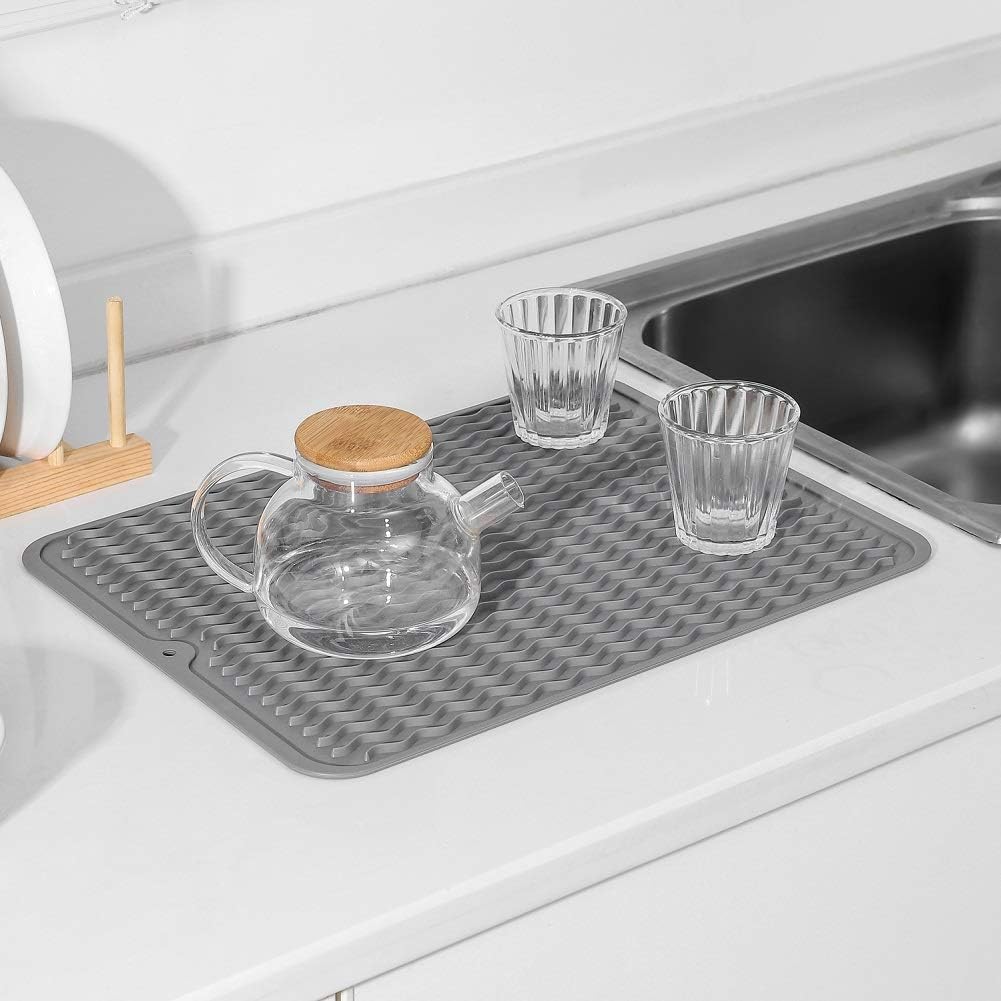 Silicone Dish Drying Mat for Multiple Usage,Easy clean,Eco-friendly,Heat-resistant Silicone Mat for Kitchen Counter or Sink,Refrigerator or drawer liner Grey L 16 inches x 12 inches