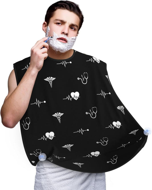 Stretchable Beard Cape, Non-Stick Hair Catcher for Trimming, Waterproof Grooming Apron, Love Heart Nurse Heartbeat Black and White