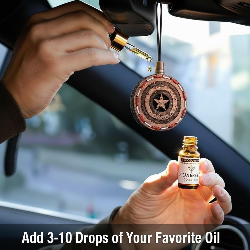 Wood Car Air Freshener — Handmade Car Air Freshener — Captain Shield Designed Fragrance Oil Diffuser in Wooden Gift Box — Aromatherapy Gift Set with Mountain Rain Fragrance Oil - 10 ml
