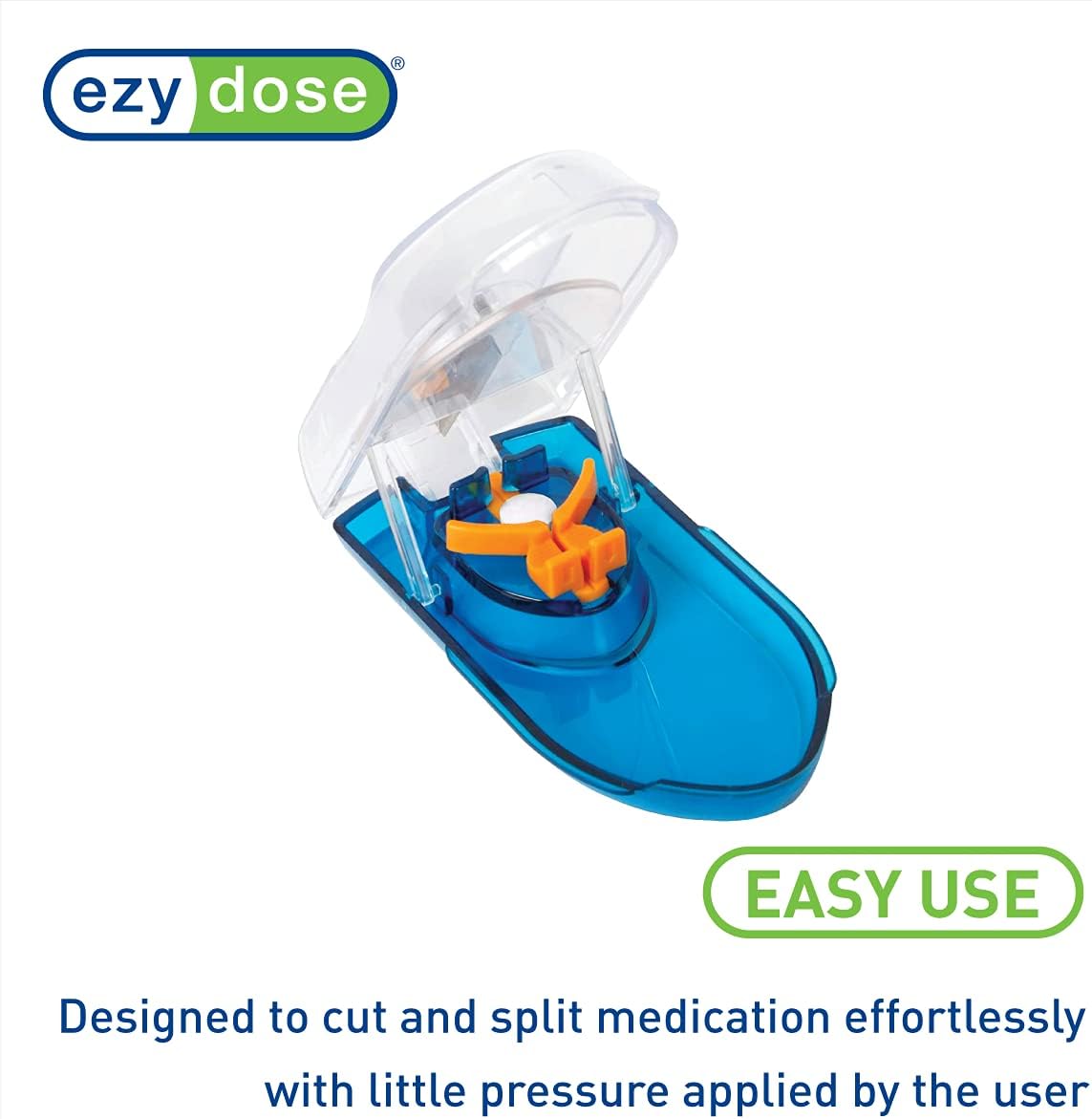 EZY DOSE Pill Cutter with Safety Shield, Precise Tablet Splitter for Cutting Pills, Vitamins, or Medication, Easy-to-Use Compact Design, Durable and Portable Pill Slicer Tool, Blue
