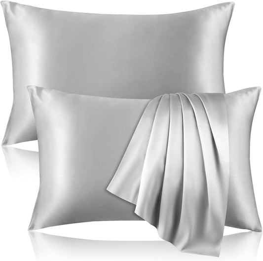 2 Pack 100% Pure Silk Pillowcase for Hair and Skin, Both Sides Mulberry Silk Pillowcases with Hidden Zipper, Cooling Pillowcase 19 Momme, 600 Thread Silk Pillow Cases King Size, Gray