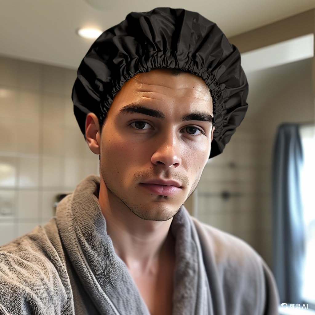 Reusable Shower Cap for Women, Large Waterproof Shower Bonnet Washable Elastic Band Bath Accessories Hair Hat for Long Hair, Braids(Black)