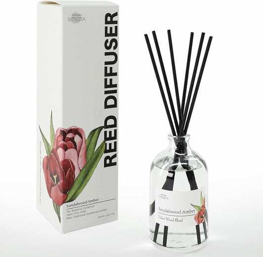 Reed Diffuser Set, 3.52 oz (100ml) Scented Diffuser with Sticks Home Fragrance Reed Diffuser for Bathroom Shelf Decor, Ideal Gift for Woman (Sandalwood Amber)