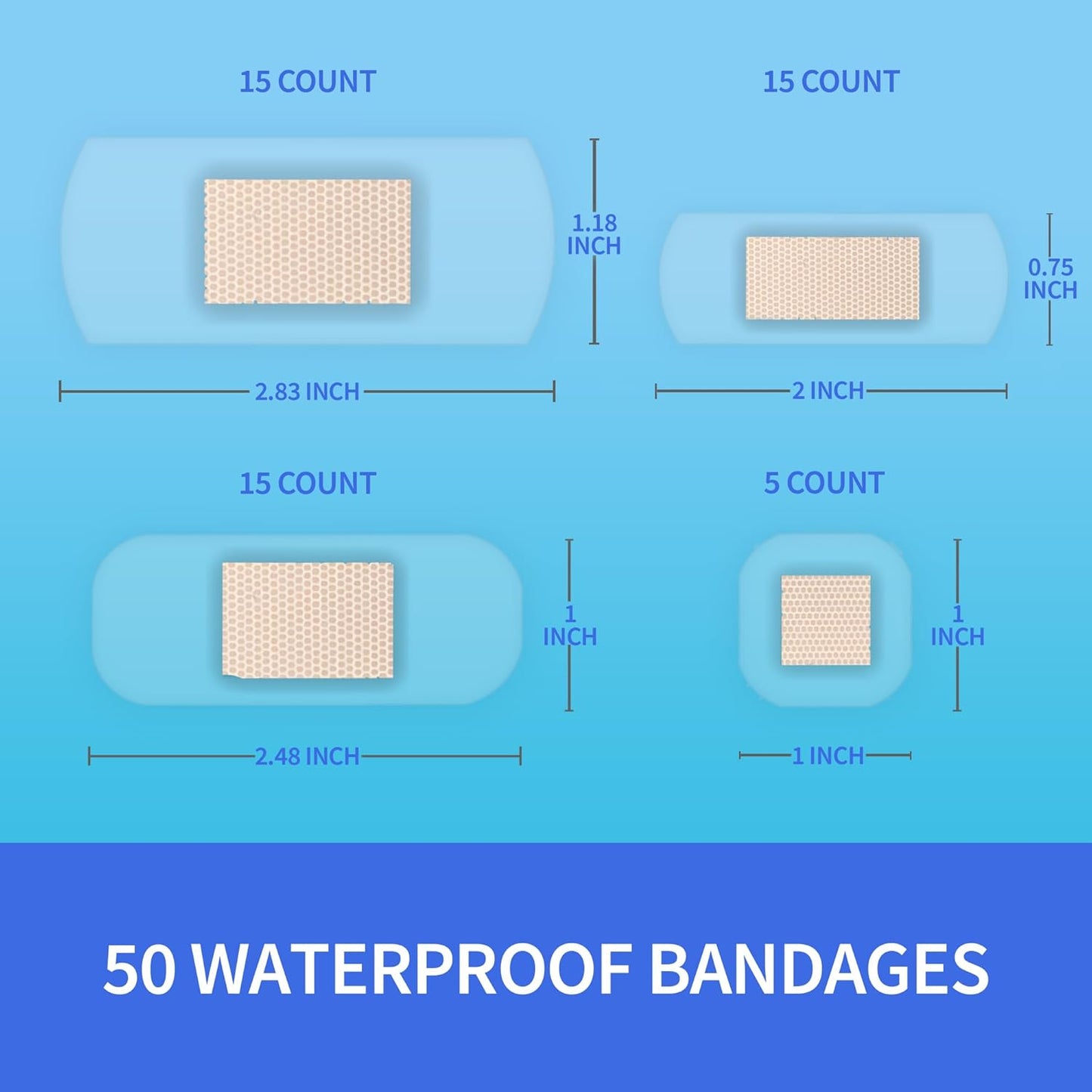 Waterproof Bandages, Clear Adhesive Bandages for First-Aid, Wound Care, Fingers, Knees and Heels, Stays on Skin in The Bath, Shower or Pool, Assorted Sizes, 50 Count