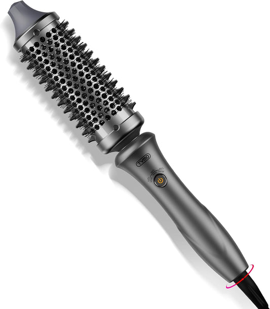 TYMO Thermal Brush Curling Brush - STYLUX 1.7 Inch Blowout Volumizer with Flexi-Fit for Hair Straightening, Heated Round Styler Tool, Hair Straightener and Curler 2 in 1, Dual Voltage, Metallic Gray